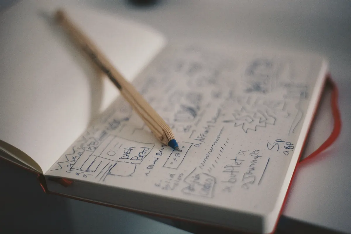 A sketchbook of product design drawings with a pencil